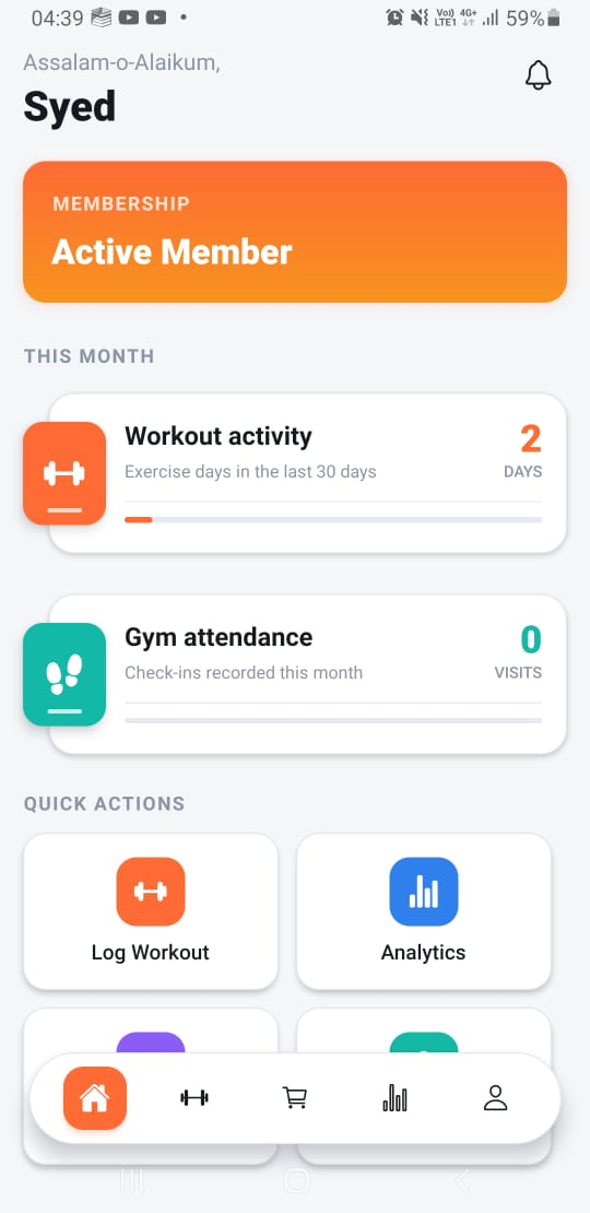 FitNixTrack member mobile app home screen showing activity and dues