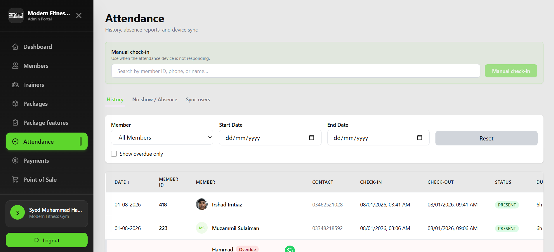 FitNixTrack gym attendance tracking screen with check-ins and floor status
