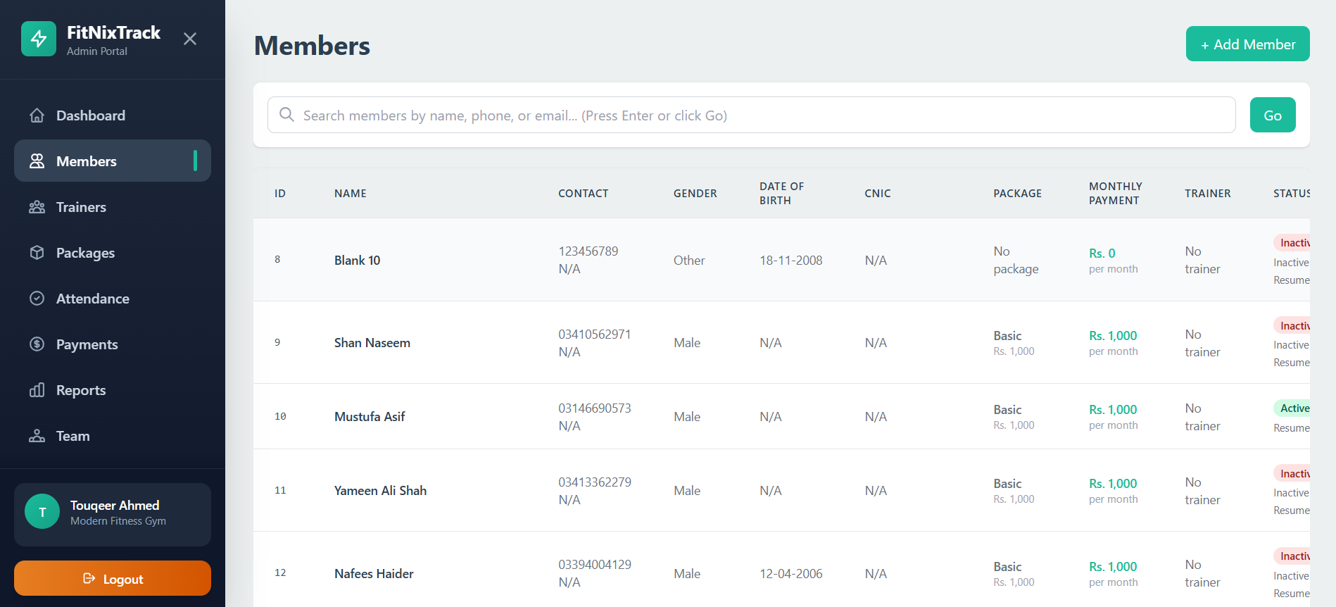FitNixTrack member management screen with membership profiles and status