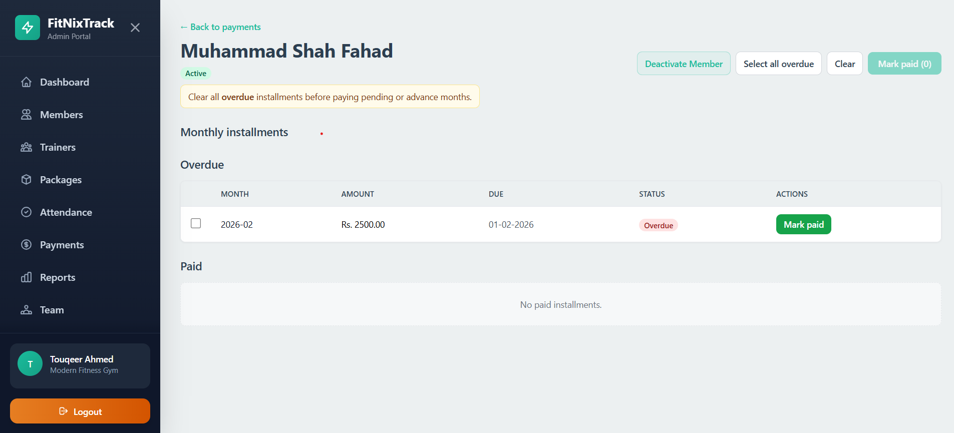 FitNixTrack gym payment management dashboard with dues and collections