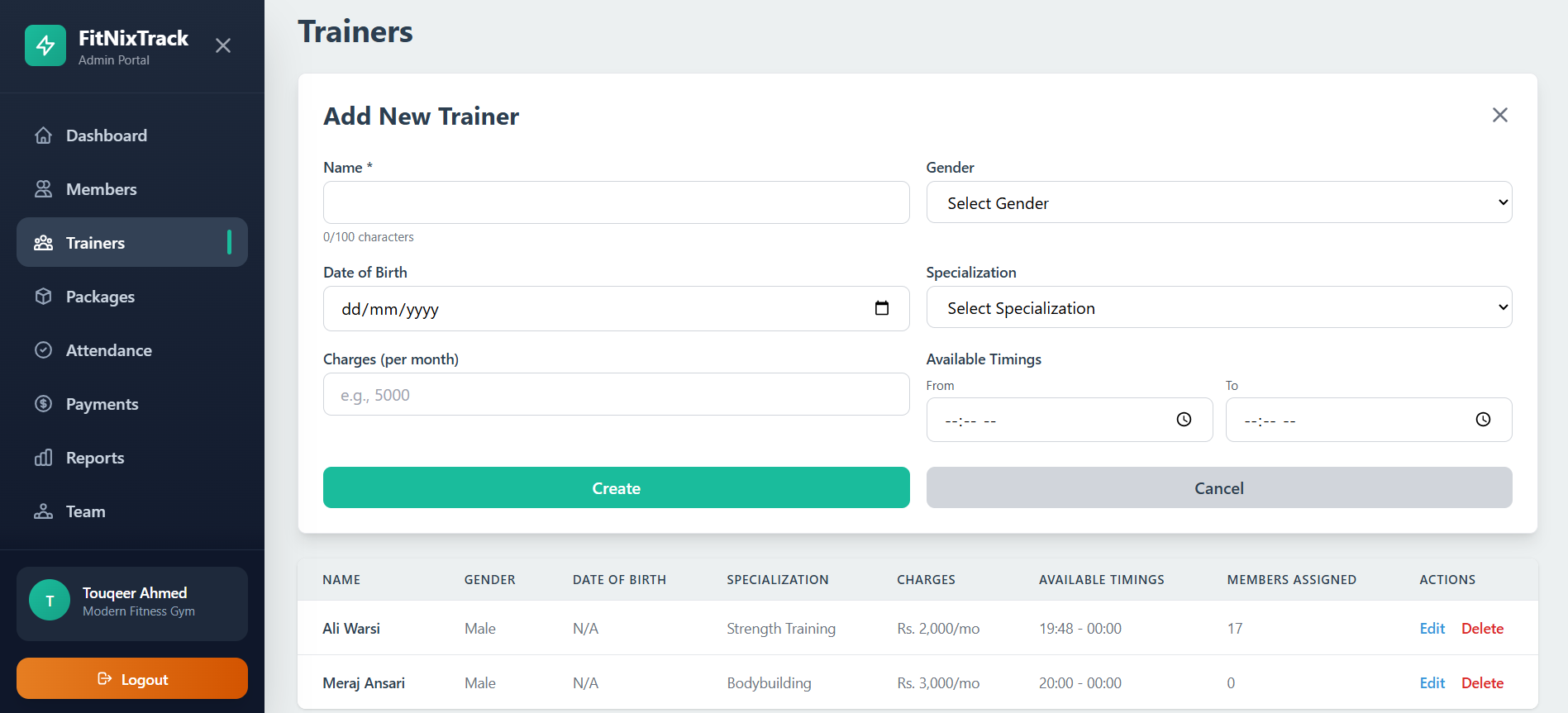 FitNixTrack trainer management screen for gym staff and coaches